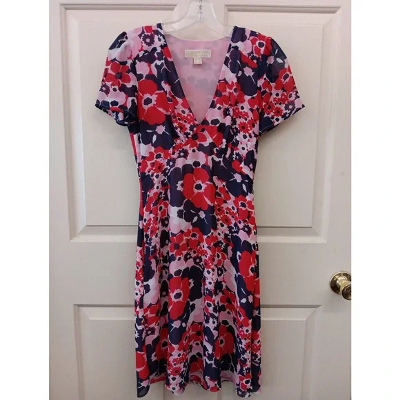 Michael Kors | Dresses | Michael Kors Floral Georgette Fit And Flare Dress  Size 0 Lined Redpinkblue | Poshmark
